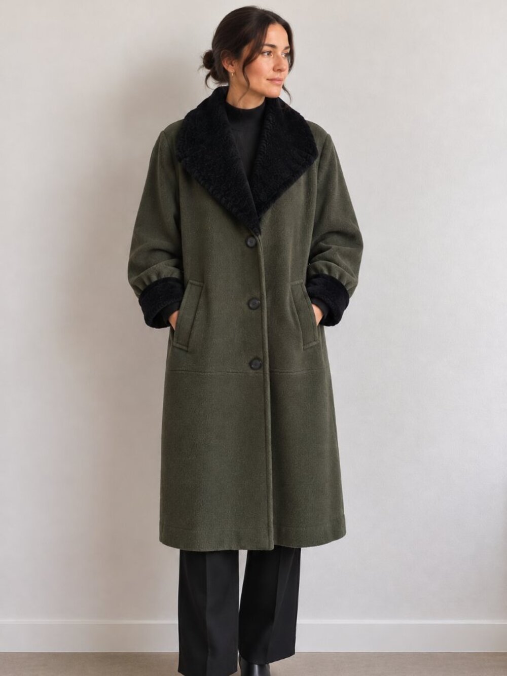 Vintage 1980s Christian Dior Manteaux Pure Wool Coat Olive Green & Faux Fur